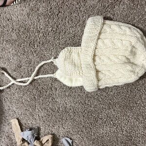 Cream Cable-Knit Hooded Poncho with Braided Ties